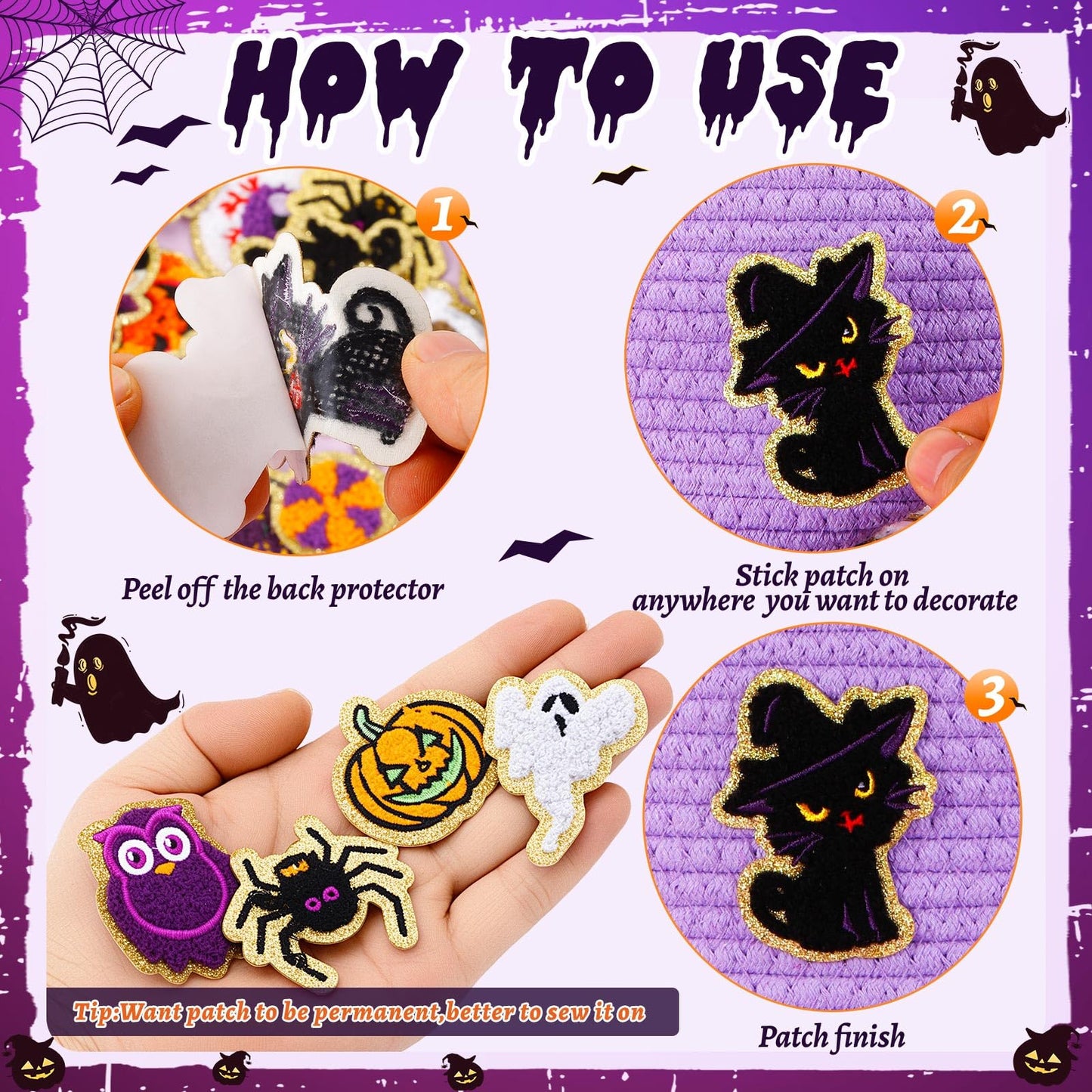 50 Pcs Halloween Patches Chenille Patches Self Adhesive Embroidered Autumn Halloween Pumpkin Ghost Skeleton Witch Hat Spider Gravestone Zombie Stick on Patch Stickers for Backpacks Hats Bags Jackets