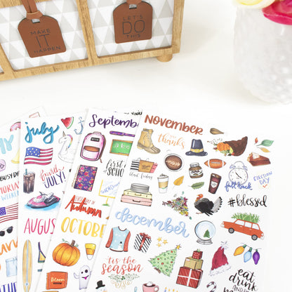 bloom daily planners Holiday Seasonal Planner Sticker Sheets - Vintage Seasonal Sticker Pack - Removable & Repositionable - Over 310 Stickers Per Pack!