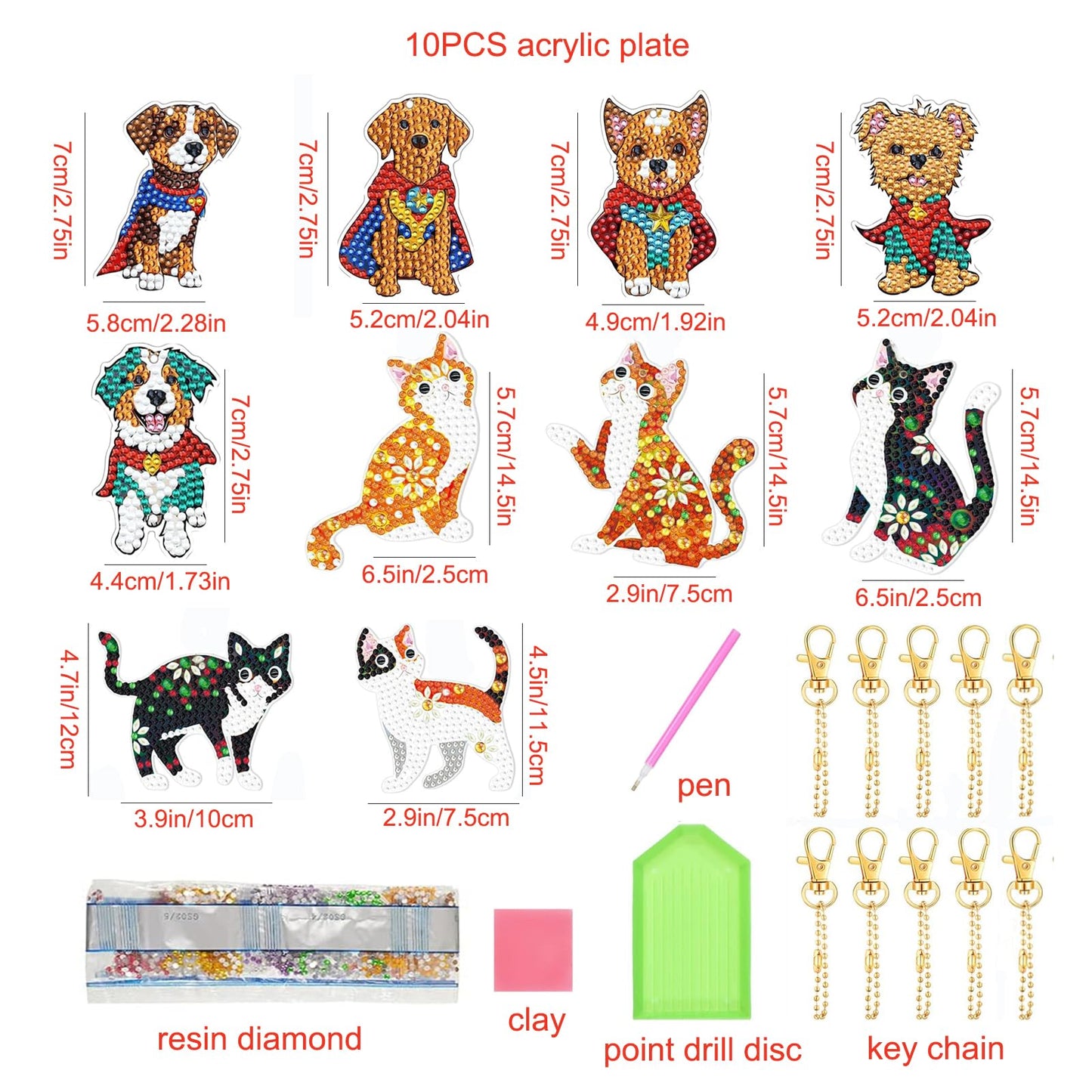 GOMKLNMO 10 Pieces Cute Dog and Cat Diamond Painting Keychain 5D DIY Diamond Painting Art Kits Christmas Hanging Ornaments for Adults Beginners