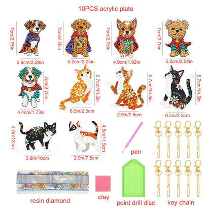 GOMKLNMO 10 Pieces Cute Dog and Cat Diamond Painting Keychain 5D DIY Diamond Painting Art Kits Christmas Hanging Ornaments for Adults Beginners