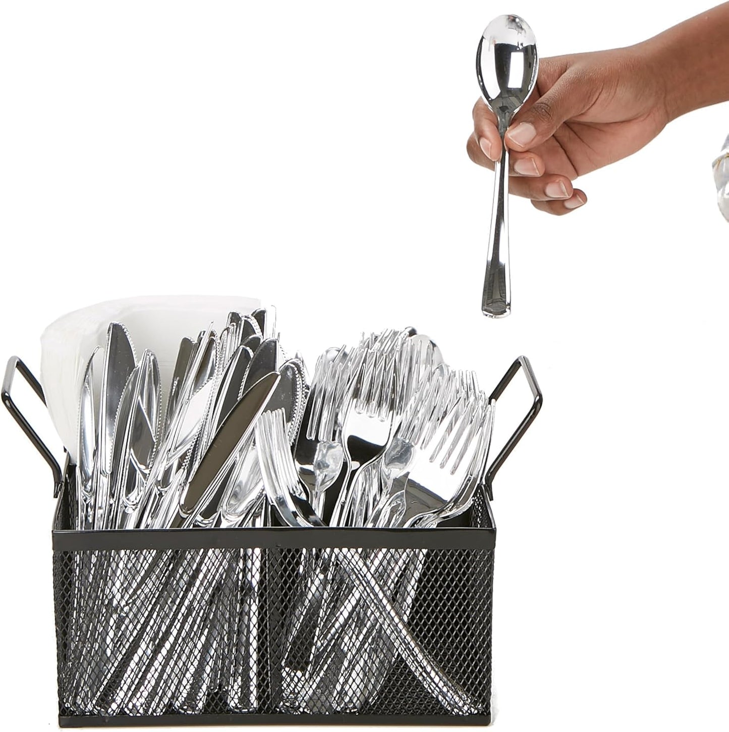 Mind Reader Utensil Accessory Caddy, Black Metal Mesh Organizer for Countertop, Office, Kitchen, 8.5" L x 8.5" W