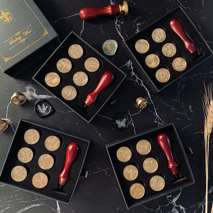 Wax Seal Stamp Hot Stamping Gift Box Set, 6 Pcs Sealing Wax Stamps Copper Seals 1 Wooden Hilt, Wax Stamp Kit for Cards Envelopes, Gift Packaging