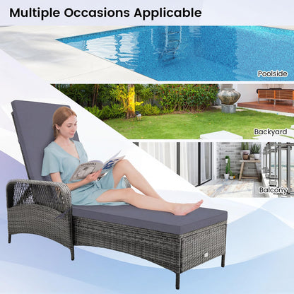 HAPPYGRILL 2PCS Patio Rattan Chaise Lounge, Outdoor PE Wicker Sun Lounger with Adjustable Backrest, Cushion & Pillow, Reclining Sunbed for Balcony Poolside Yard (Mix Gray & Gray)