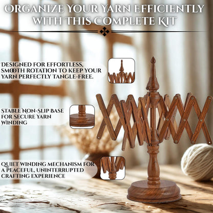 Brainmart Rosewood Yarn Winder & Swift with Wooden Yarn Bowl – 30pcs Crochet Kit | Handcrafted Wooden Ball Winder, Crochet Hooks Set, Bobbins, Weaving Needles for Knitting, Crocheting & Weaving