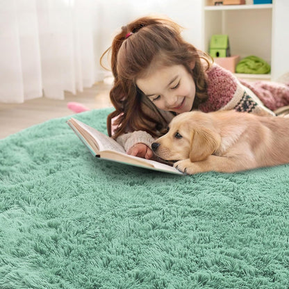 OLANLY Mint Green Round Rug - Soft, Fluffy Shaggy Carpet | 8 ft Machine Washable Area Rug for Bedroom & Living Room Decor