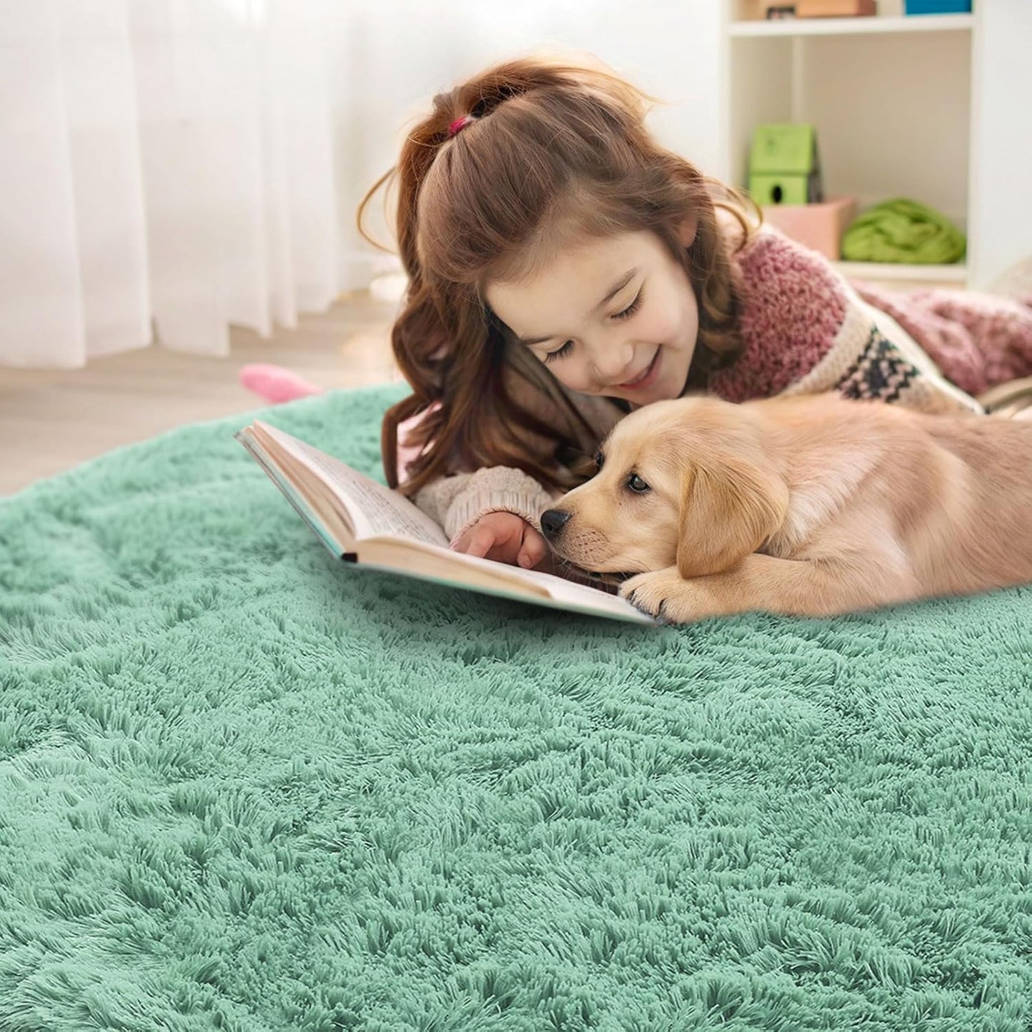 OLANLY Mint Green Round Area Rug - Soft, Fluffy, Machine Washable 5 ft Circle Carpet for Bedrooms & Nurseries