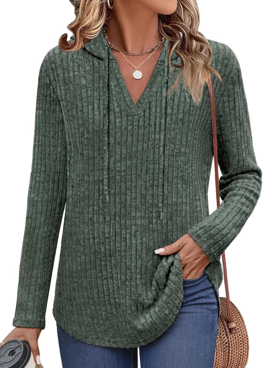 Lylinan Womens Cozy Knit Sweaters Hoodies Ribbed V Neck Pullover Sweatshirts for Fall Outfits S-XXL