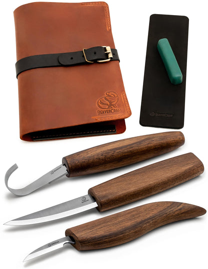 BeaverCraft Spoon Wood Carving Kit - Spoon Carving Tools Set with Hook Knife, Sloyd, Chip, Small Detail Whittling Knives S13X - Deluxe Whittling Knife Set with & Leather Strop and Leather Case