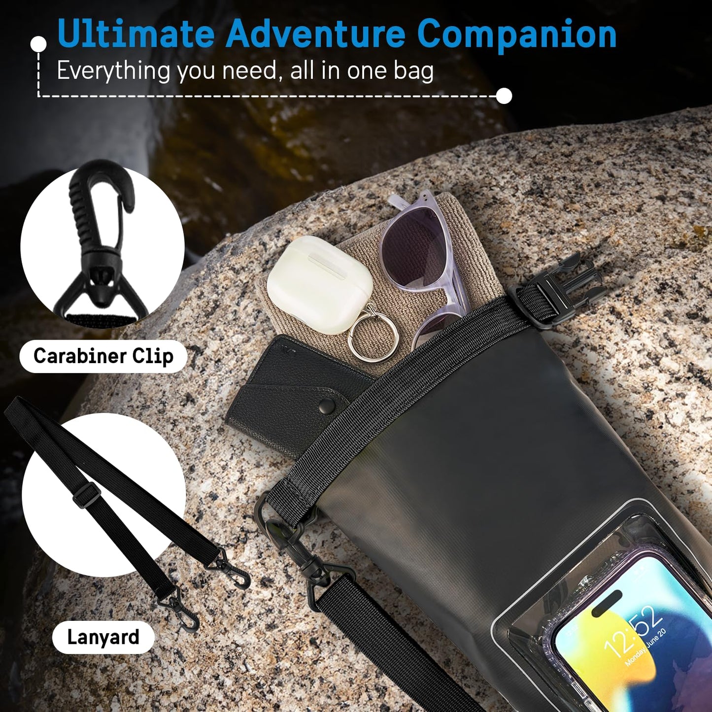 Pelican Marine IP68 Waterproof Dry Bag 2L - Roll Top Waterproof Backpack w/ Phone Case / Pouch - Boating & Kayak Accessories - Essentials for Camping Swimming Beach Fishing Rafting Travel - Black