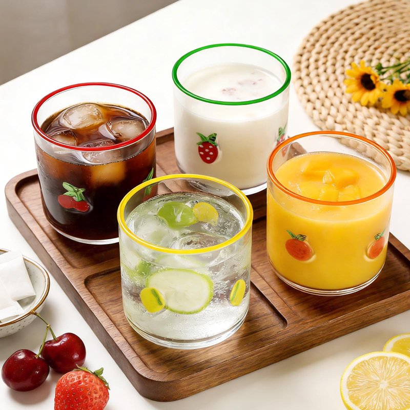 Whaline 4Pcs Fruit Icon Juice Glass 14 Oz Wine Glass Strawberry Lemon Cherry Orange Stemless Cocktail Drinking Cups for Home Party Favors Supplies