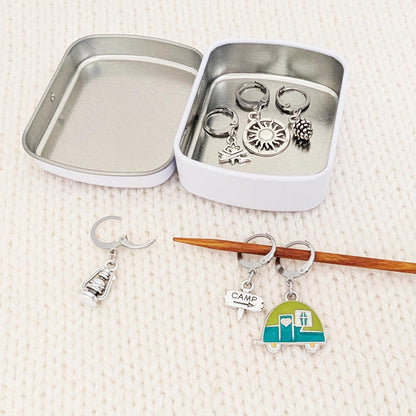 Pretty Warm Designs Happy Camper Removable Stitch Markers - Retro RV Trailer Outdoor Yarn Accessories for Knitters and Crocheters - Set of 6 Handcrafted Pieces in Metal Hinged Case