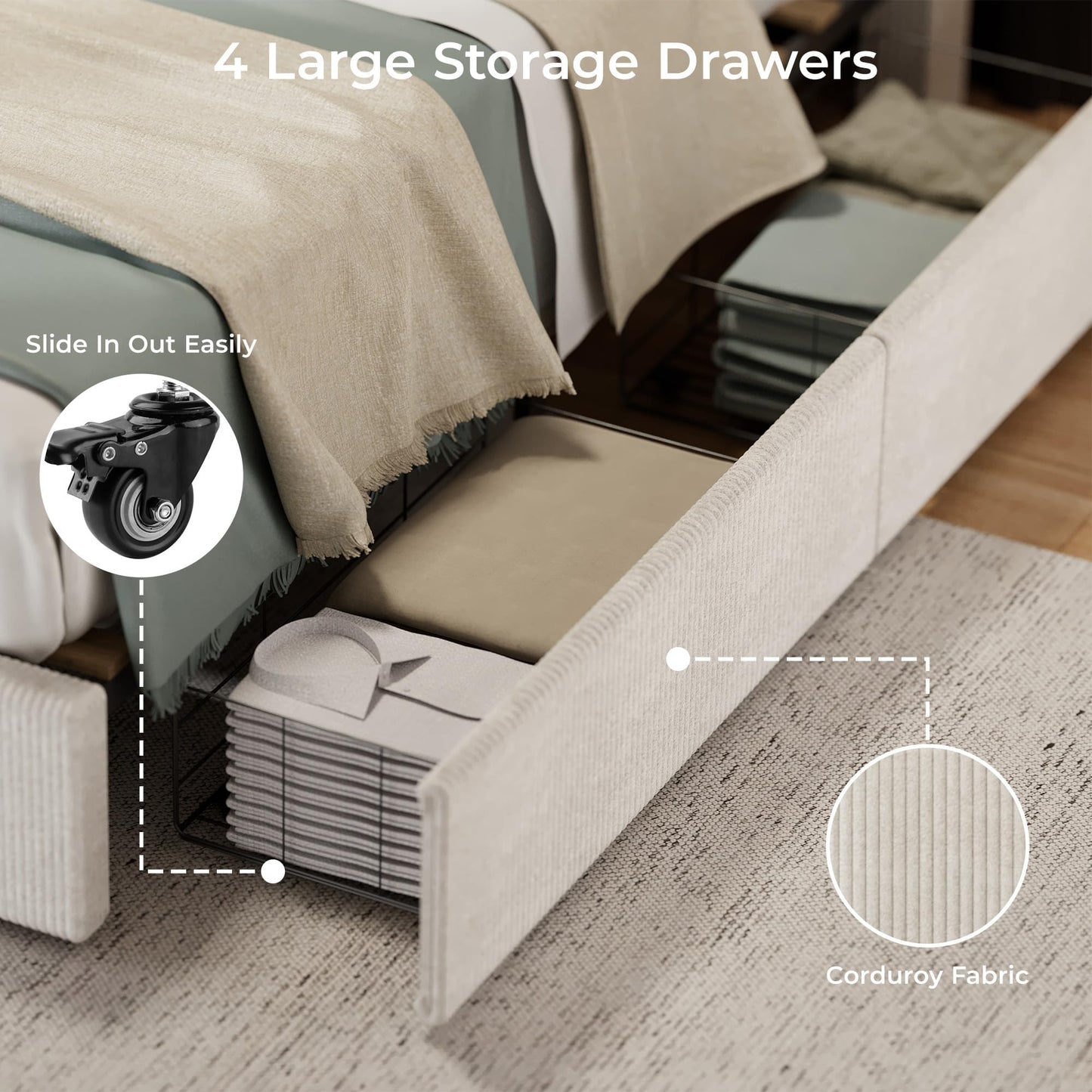 IDEALHOUSE King Size Bed Frame with Tall Tufted Wingback Headboard, Platform Velvet Upholstered King Bed Frame with 4 Storage Drawers and Wooden Slats Support, No Box Spring Needed, Creamy White
