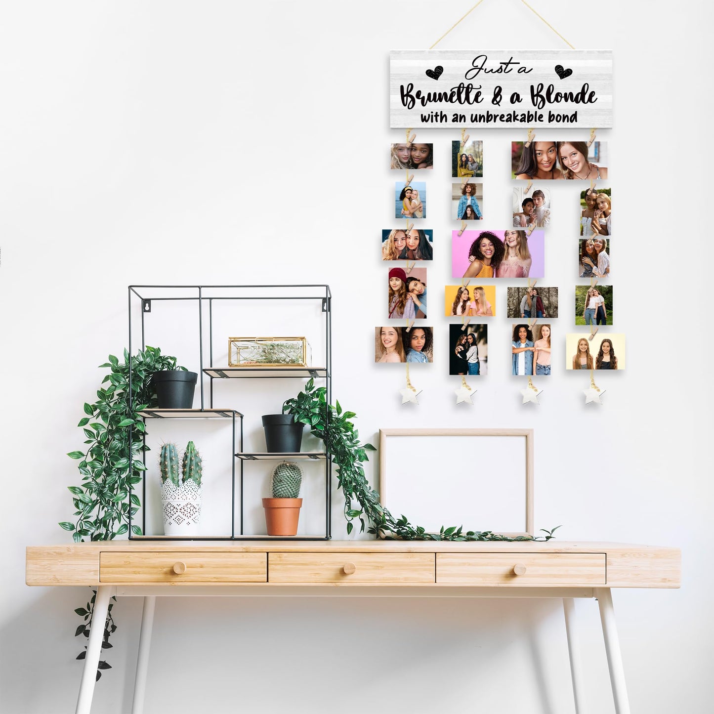 QZQE Friends Gifts Picture Frames Collage Wall Decor, Friendship Gifts,Sister Gift, Just A Brunette and A Blonde with an Unbreakable Bond Hanging Photo Display with 30 Clips 5 Ropes, 15.7x5.1 Inches