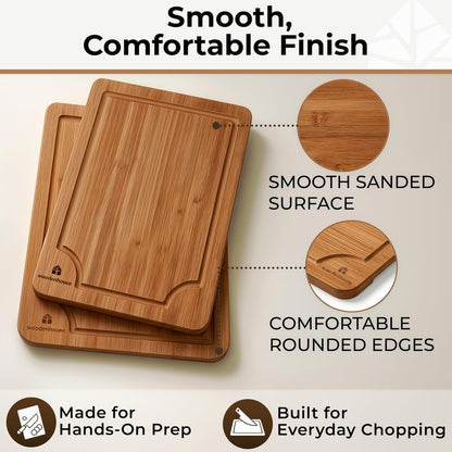 Wood Cutting Board Set of 3 with Holder - Sturdy & Easy to Clean Bamboo Wooden Cutting Boards for Kitchen - 3 Sizes of Chopping Board with Juice Grooves for Meal Prep, Everyday Use, Housewarming Gift