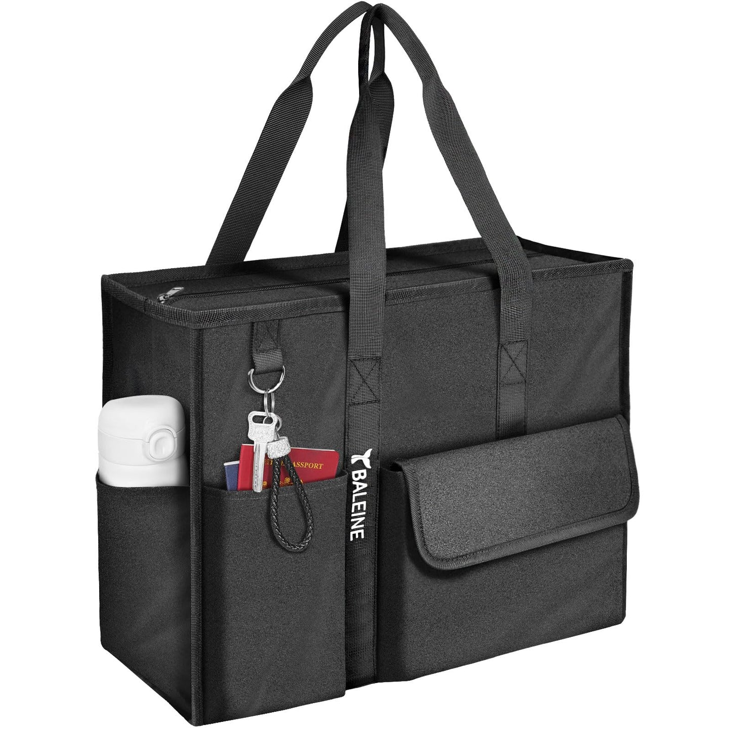 BALEINE Large Utility Tote Bag with Reinforced Bottom, Multi-Pockets and Top Zipper Closure, Perfect for Teachers, Nurses, Travel, Work - Water-Resistant (Large, Black)