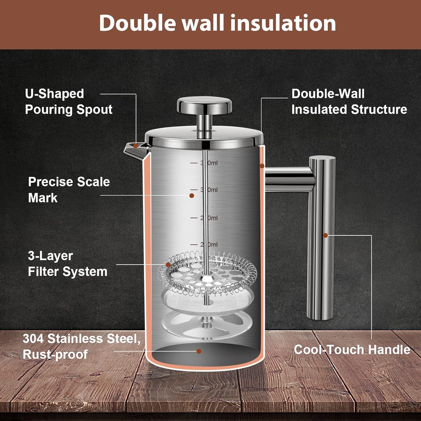 French Press Coffee Maker, 34oz Double-Wall Insulated Stainless Steel, 1L, Includes 2 Extra Screens and 1 Coffee Spoon