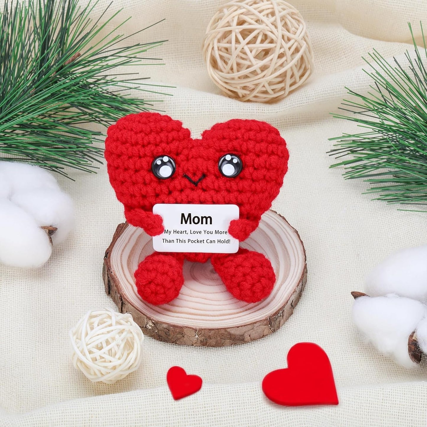 COZYMATE (HeartShape-Red2) Birthday Gifts for Mom - Pocket Hug Heart with Positive Emotional Card Handmade Crochet