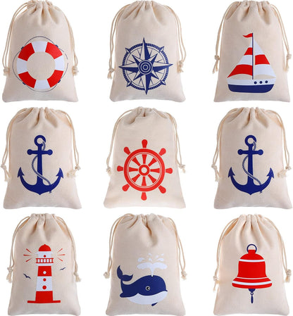 24 Pack 7 5 inch Shellwei Nautical Gift Bags Cotton Nautical Anchors Drawstring Bags Themed Favor Boat Goodie x