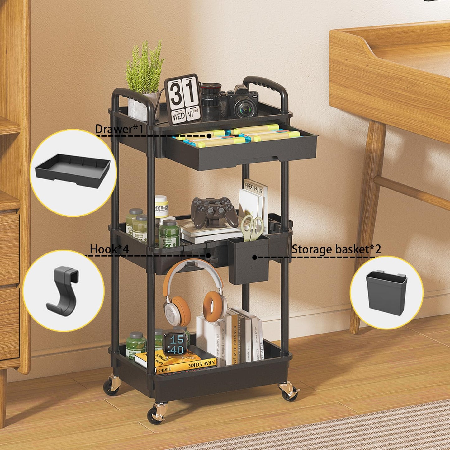 LLMRR 3 Tier Rolling Utility Cart with Drawer, Plastic Storage Organizer Rolling Carts with Wheels Handles Hanging Cups Hooks for Office, Bathroom, Kitchen,Craft Art Room (Black)