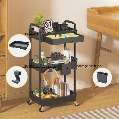 LLMRR 3 Tier Rolling Utility Cart with Drawer, Plastic Storage Organizer Rolling Carts with Wheels Handles Hanging Cups Hooks for Office, Bathroom, Kitchen,Craft Art Room (Black)
