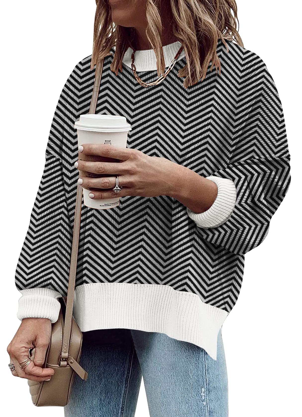 ETCYY Womens Oversized Sweaters Fall 2025 Fashion Clothes Trendy Batwing Sleeve Colorblock Striped Knit Pullover Tops