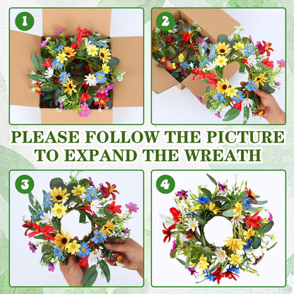 6 PCS Spring Summer Artificial Floral Candle Rings Wreath Sunflowers Daisy Forsythia Candle Rings Pillar Holder Wreath Mini Eucalyptus Candle Wreaths Kitchen Cabinet Swags for Home Tabletop Decor