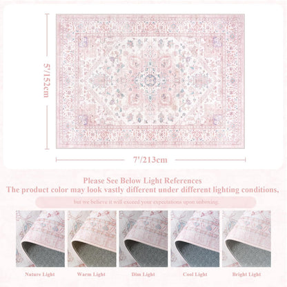 5x7 LIVEBOX Pink Washable Area Rug - Large Vintage Tribal Living Room Non-Slip Indoor Carpet for Bedroom, Low-Pile