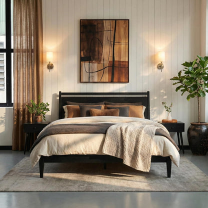 NTC Adept Wooden Bed Frame with Headboard, Solid Oak and Rubber Wood Foundation with Silent Slats and Wood Central Supports, 1000 Lb Capacity, Effortless Assembly, King - Burnt Black