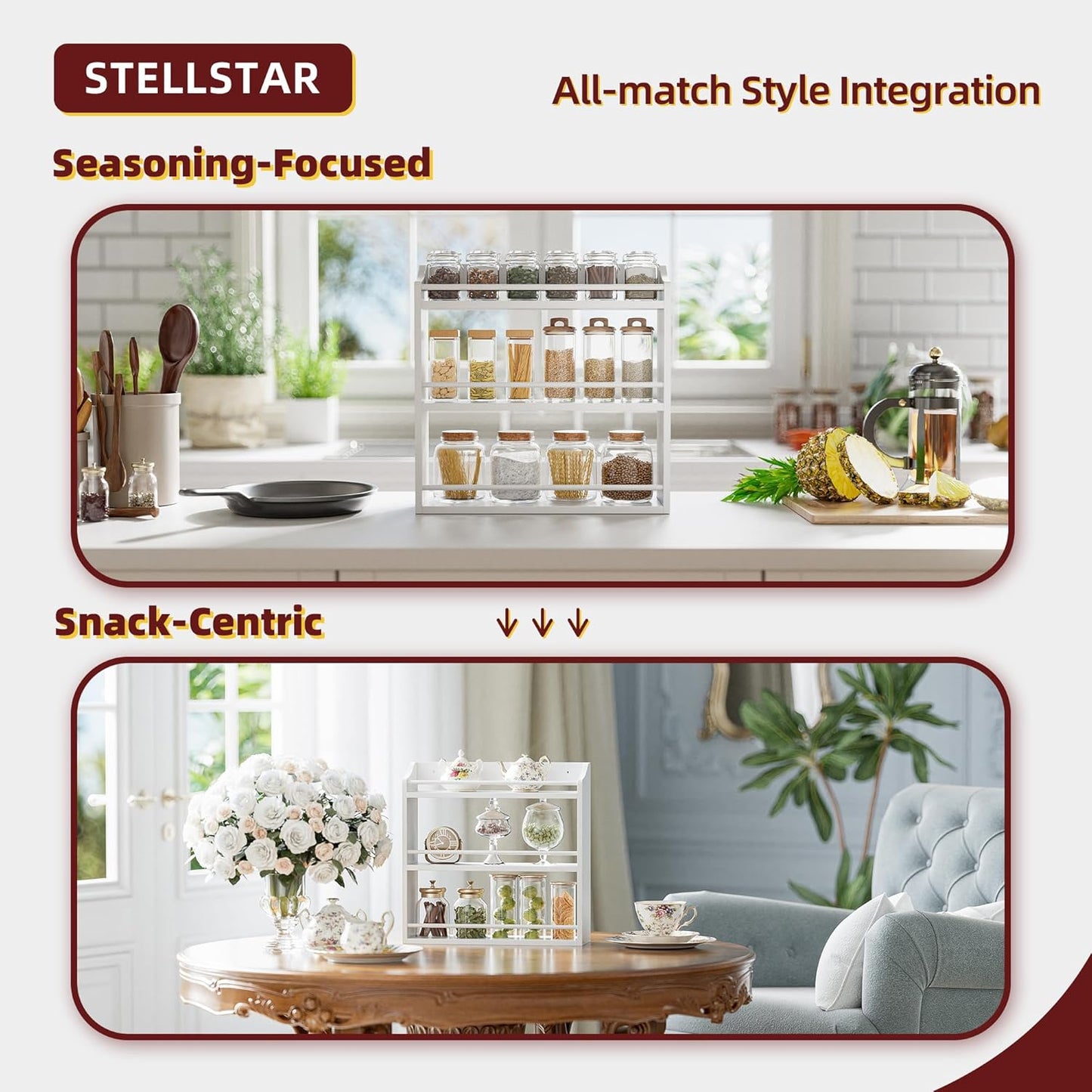 Countertop, STELLSTAR Spice Rack Wall Mounted, Freestanding Spice Organizer for Bamboo Spice Storage Holder