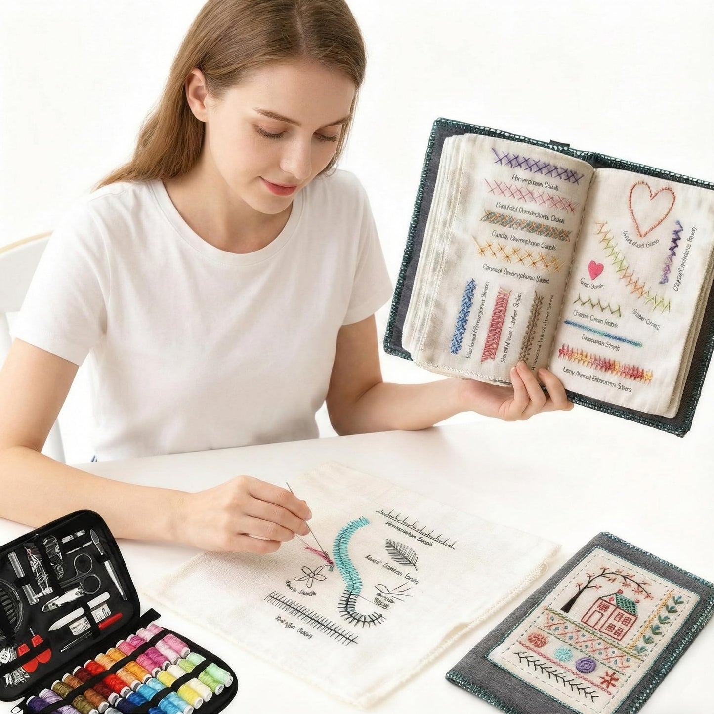 trumpisame DIY Embroidery Stitch Practice Book Kit - Learn 106 Stitches Manual, 86Pcs Complete Starter Set with Magnifier, Metal Thimble, Pre-Printed Linen Pages&106 Floral Patterns