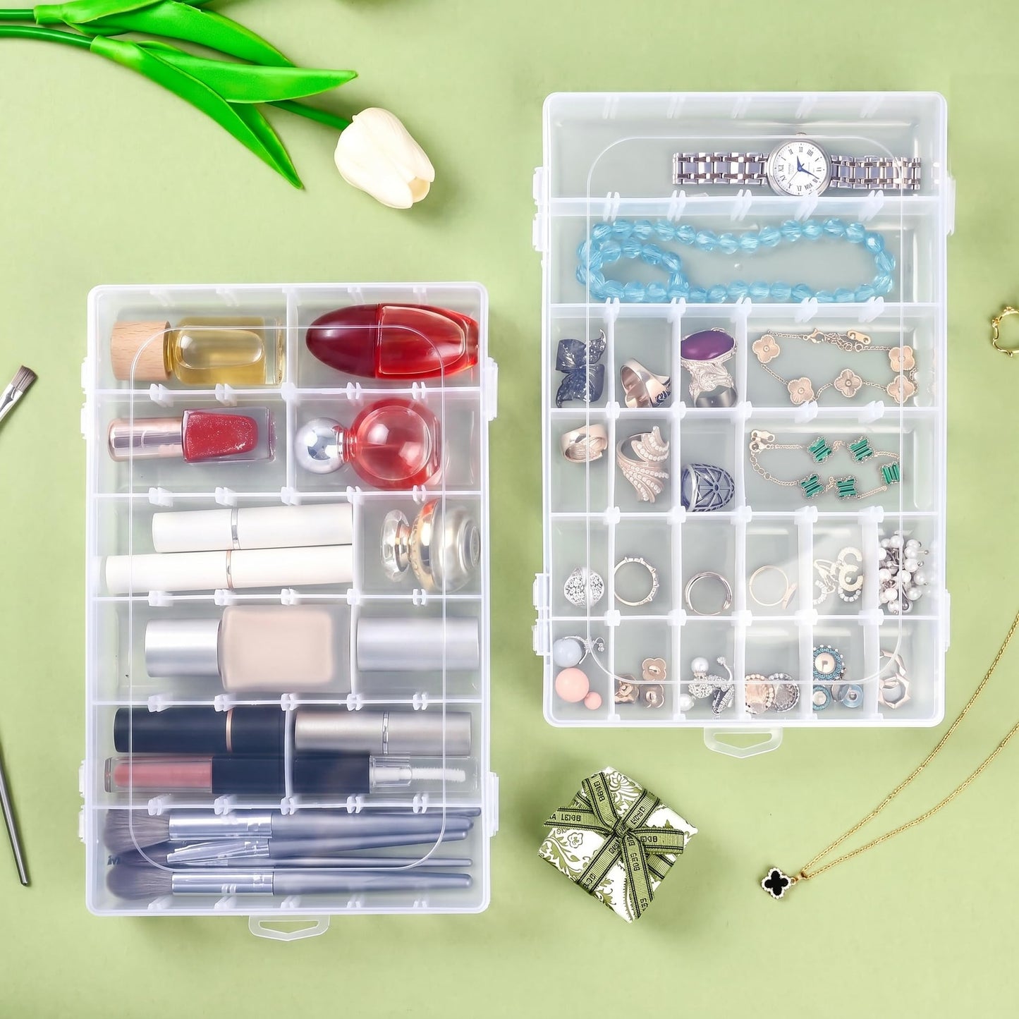 MERATIA 3 Pcs 36 Large Grids Clear Plastic Organizer Box with Adjustable Dividers,Multipurpose Fishing Tackle Box Craft Organizers Box for Bead,Jewelry,DIY Crafts,Art,Small Items Storage 3pack