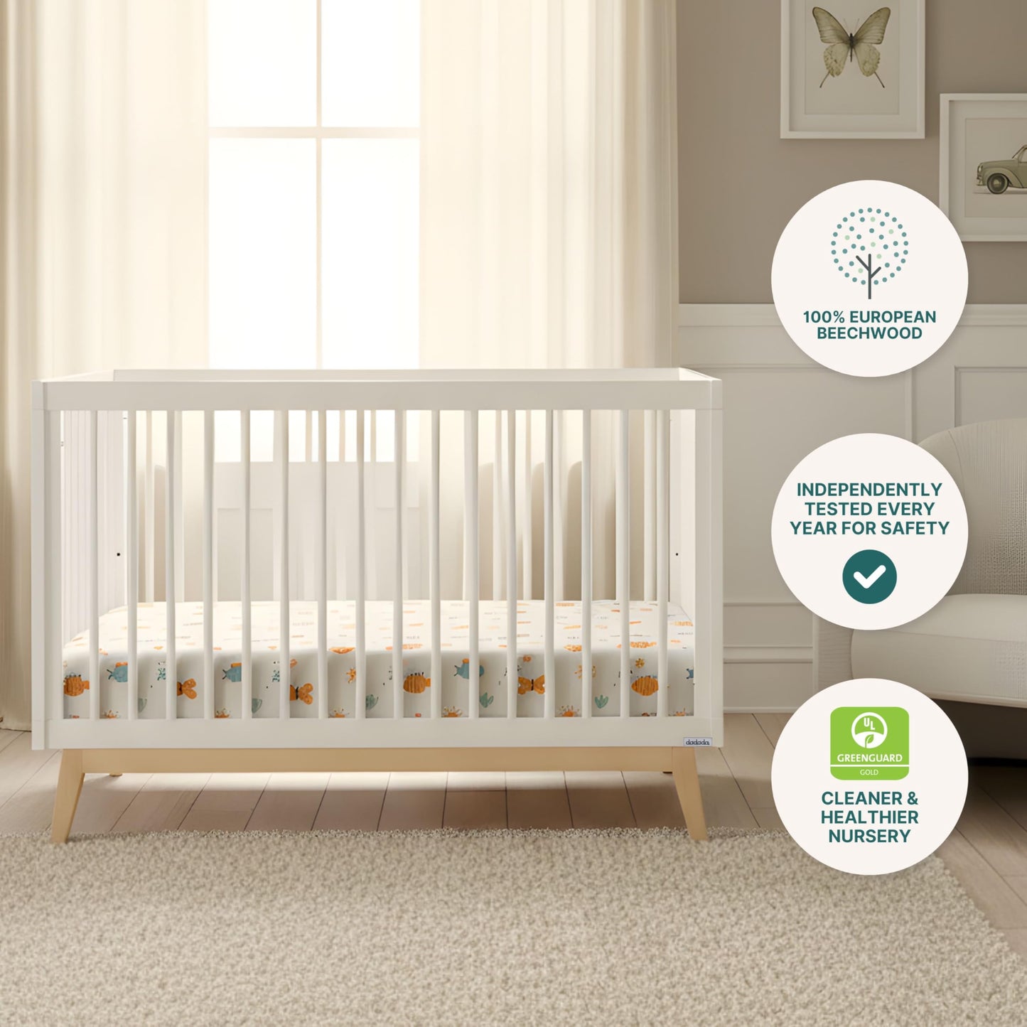 dadada Baby Soho 3-in-1 Convertible Wooden Crib to Toddler Bed - Made in Italy, GREENGUARD Gold Certified, Baby-Safe Finish, Handcrafted Beechwood, Modern Design, 3 Adjustable Heights (White/Natural)