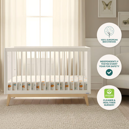 dadada Baby Soho 3-in-1 Convertible Wooden Crib to Toddler Bed - Made in Italy, GREENGUARD Gold Certified, Baby-Safe Finish, Handcrafted Beechwood, Modern Design, 3 Adjustable Heights (White/Natural)