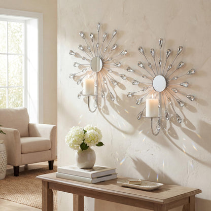 ZEXUIRU 2 Set Starburst Candle Sconces for Wall Decor Living Room Bedroom Dining Room Metal Bling, Crystal, Mirrored Modern Wall-Mounted Candle Sconce Holders Hanging Decor-Silver 13in