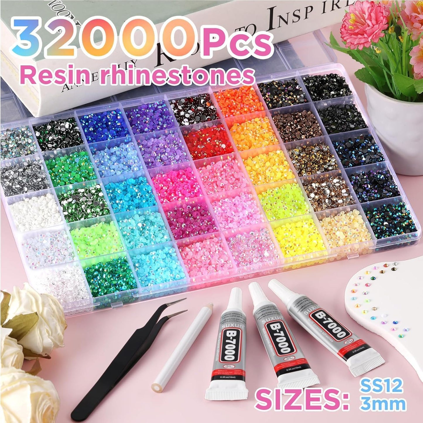40 Colors Resin Jelly Rhinestones for Bedazzling, 3mm 32000 Pcs Flatback Gems for Crafting,Rhinestone Kit with B7000 Glue for Nail Rhinestones, Shoes, Crafts, Diamond Art & DIY Bedazzler Projects