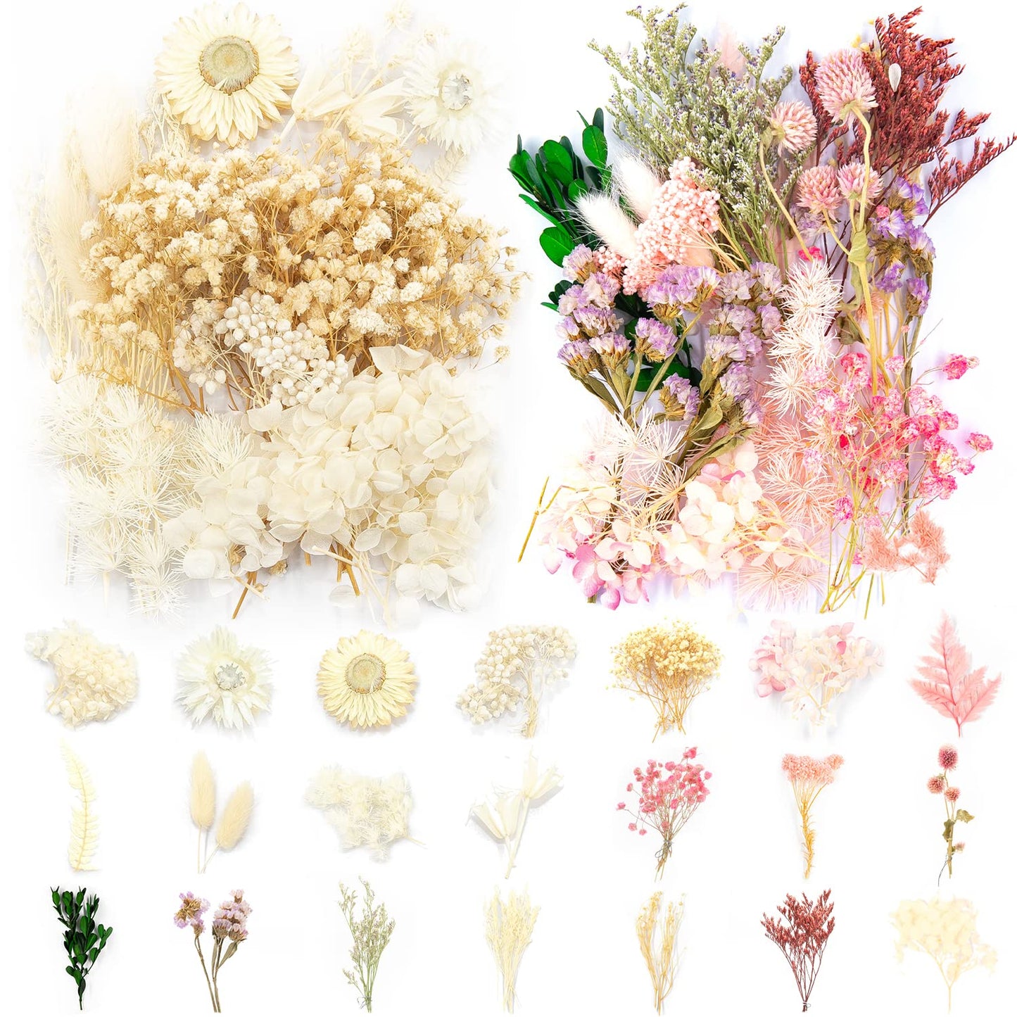 Vignee Real Dried Pressed Leaf Flowers-Multiple Colorful Pressed Flowers Daisies for Craft Resin Jewelry Making Art Craft DIY（White&Light Pink）