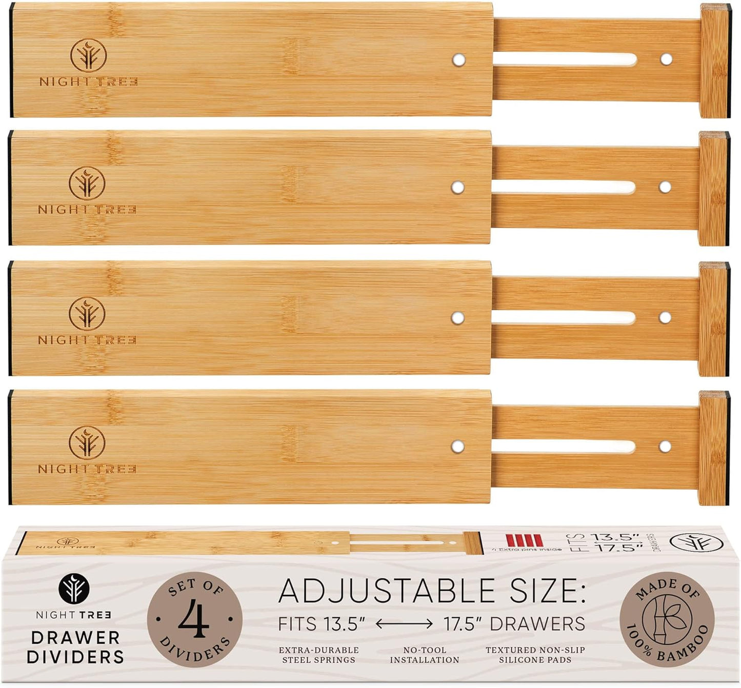 Expandable Bamboo Drawer Dividers - Wooden Organizers for Clothes, Kitchen Utensils, Bathroom, Dresser [13.5" - 17.5"]