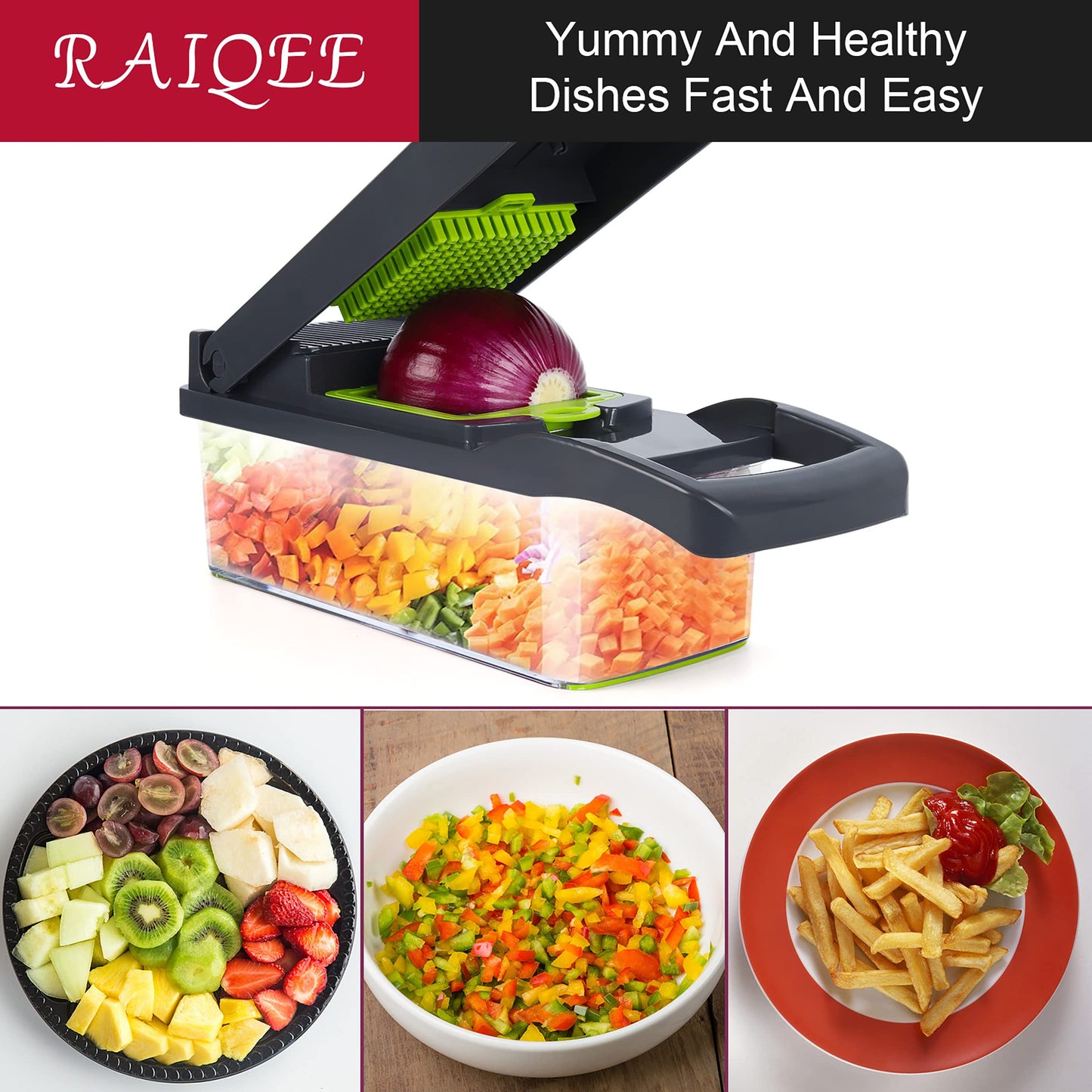 Vegetable Chopper Mandoline Slicer,Veggie Chopper, Multifunctional 10 in 1 Food Choppers, Kitchen Vegetable Slicer Dicer Cutter,Onion Mincer,Cheese,Colander Basket,Kitchen Gadgets (Gray/Green)