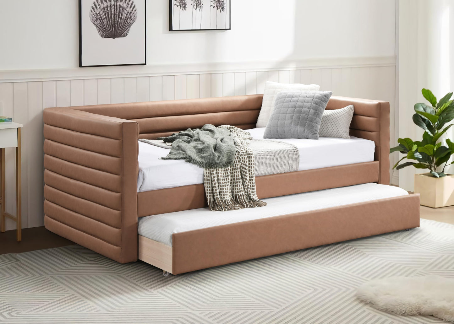 Meridian Furniture BeverlyCognac-T Beverly Collection Modern | Contemporary Twin Daybed with Soft Cognac Premium Vegan Leather, Deep Channel Tufting, Twin Trundle, 87" W x 43.5" D x 34" H, Cognac