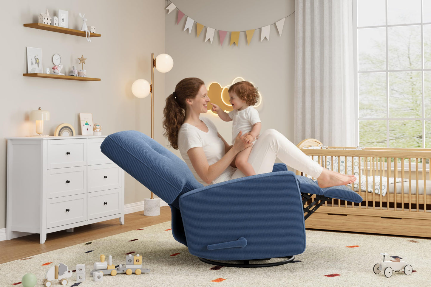 GarveeHome Recliner Chairs, Swivel Rocker Recliner, Glider Recliner Nursery Chair for Adults, 360° Swivel Glider Rocking Chair for Living Room, Bedroom, Office, RV, Small Spaces, Corduroy, Dark Blue