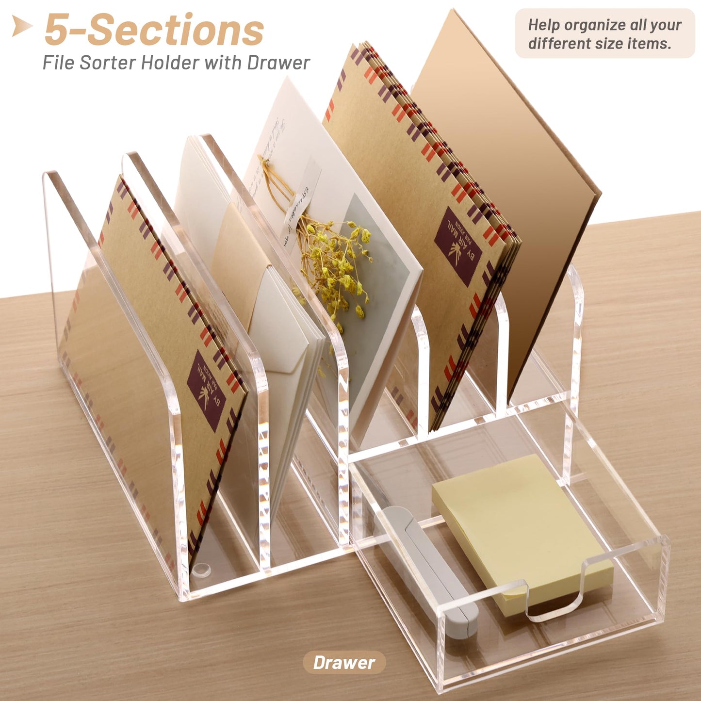SANRUI Desk Organizers and Accessories, Acrylic Mail Organizer Countertop, 5-Slots File Sorter with Drawer, Desktop Organizer for Office Supplies