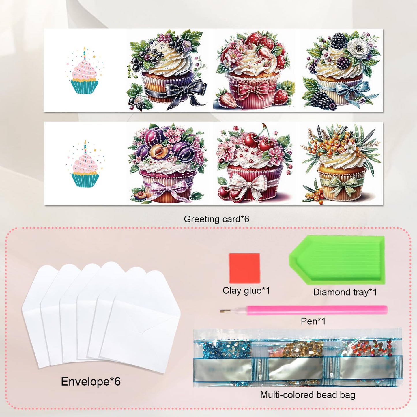 JISHSHAY 6 PCS Cupcake Diamond Painting Greeting Cards Cake Diamond Art Birthday Cards with Envelopes Gem Art Mosaic Kits for Adults, for Anniversary Valentine Thank You Graduation All-Occasion