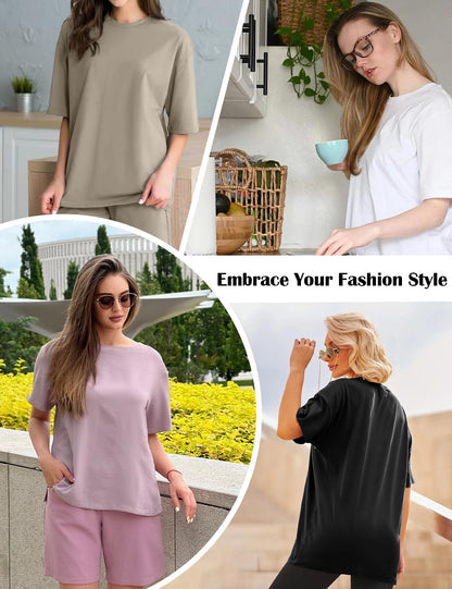 Siimcuzy 4 Pack Oversized Tshirts for Women, Loose Fit Crew Neck Summer Baggy Tops Workout Tees Plus Size T Shirts 1 Black 1 White 1 Dark Pink 1 Khaki Small