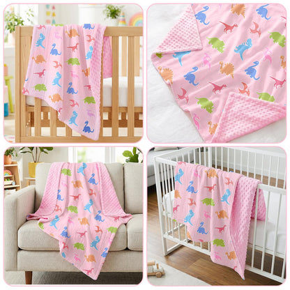 Pink Bow Baby Blankets for Girls, Soft Pink Bow Nursery Minky Blanket with Muslin Front and Dotted Fleece Back for Newborn Warm Pink Cute Blankets for Infant Toddlers 30 x 40in
