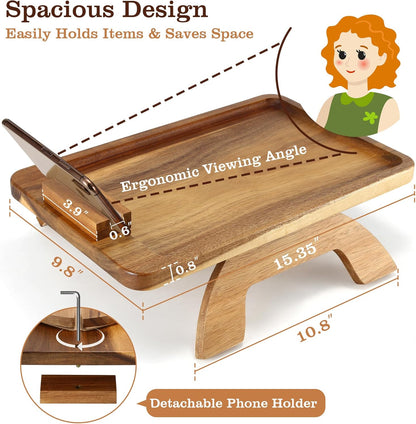 Acacia Wood Couch Armrest Table,Sofa Arm Tary Table for Living Room,Sofa Armrest Tray with Rotated Phone Holder,Clip on