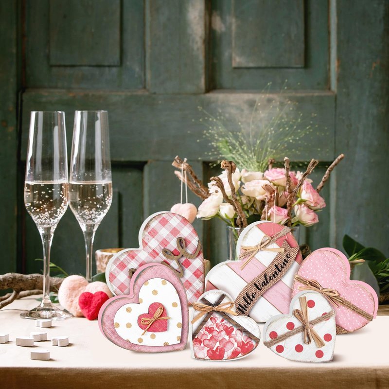 Wonderjune 6 Pcs Valentine‘s Day Decorations Rustic Heart Shaped Wooden Sign Farmhouse Love Wood Block Table Centerpiece Valentines Tiered Tray Decor for Valentines Day Wedding Home(Cute Style)