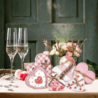 Wonderjune 6 Pcs Valentine‘s Day Decorations Rustic Heart Shaped Wooden Sign Farmhouse Love Wood Block Table Centerpiece Valentines Tiered Tray Decor for Valentines Day Wedding Home(Cute Style)