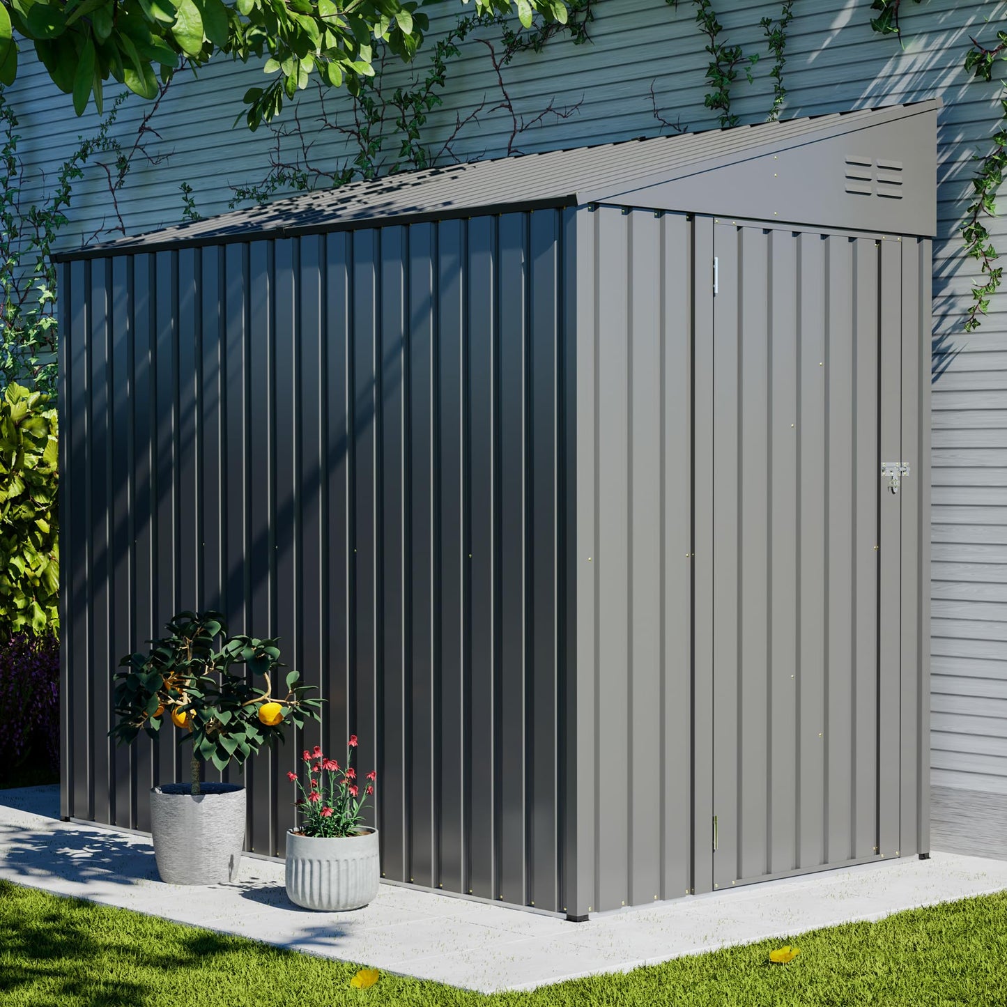 YOPTO 4x7 FT Outdoor Storage Shed Lean to Shed,Metal Shed W/Lockable Door & Air Vent,All Weather Waterproof Garden Tool House W/Reversible Installation,for Backyard,Patio,Lawn,Olive Gray
