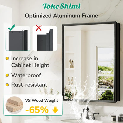 TokeShimi 14x18 Bathroom Medicine Cabinet with Mirror, Assembly Required, Black Recessed Medicine Cabinet, 1 Stepless Adjustable Shelves, Beveled Aluminum Frame, Tempered Glass