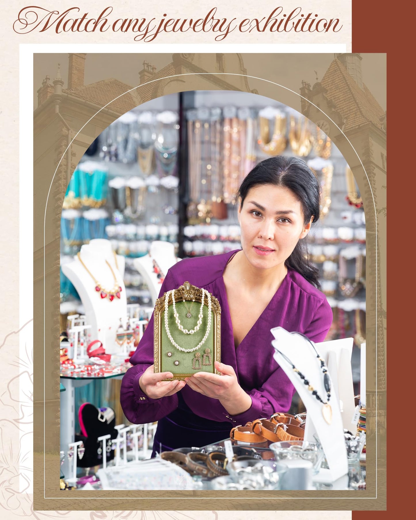Wonderjune 2 Pcs Gold Jewelry Display Stand Vintage Necklace Organizer Ring Holder Earring Tray Resin Jewelry Photography Props Frame with Velvet Backing for Gifts(Green,Large,Small,Elegant)